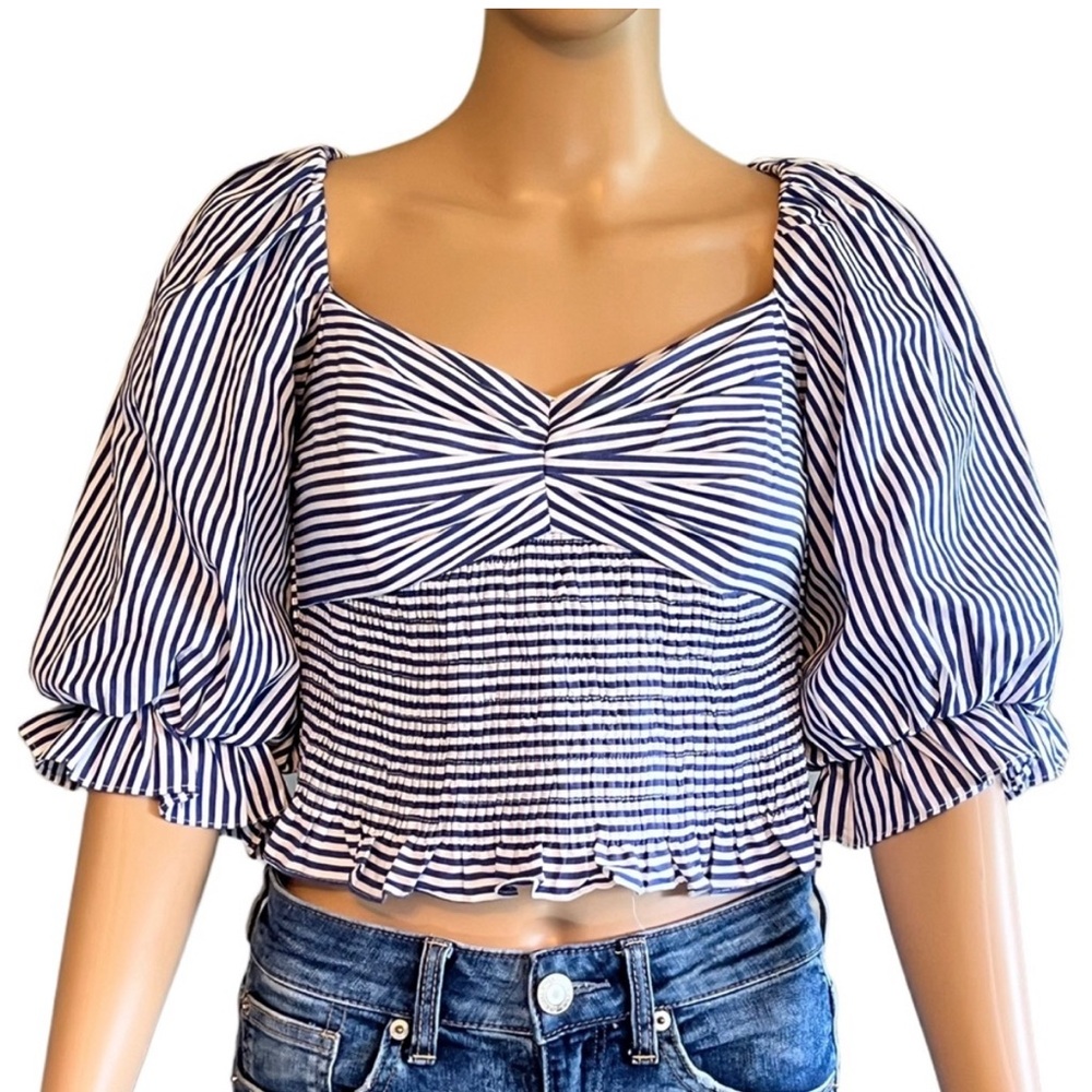 Do+ Be Blue and White Puff Sleeve Crop Blouse